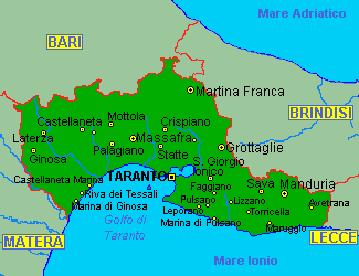 Taranto, Avetrana, Carosino, Castellaneta, Crispiano, Faggiano, Fragagnano, Ginosa, Grottaglie, Laterza, Leporano, Lizzano, Manduria, Martina Franca, Maruggio, Massafra, Monteiasi, Montemesola, Monteparano, Mottola, Palagianello, Palagiano, Pulsano, Roccaforzata, San Giorgio Ionico, San Marzano Di San Giuseppe, Sava, Statte, Torricella